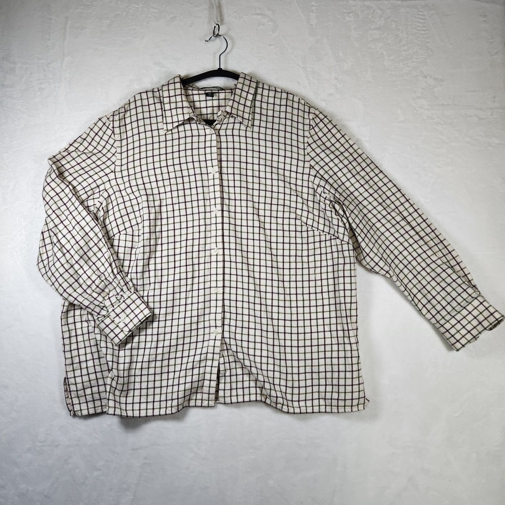 Lauren Ralph Lauren Womens 2X‎ Flannel Shirt Cream Plaid Cotton Long Sleeve
